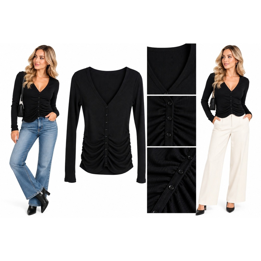 Victoria's Secret Tee Shop Top S Black Ruched Button Front V-Neck Y2K 2000s Sexy